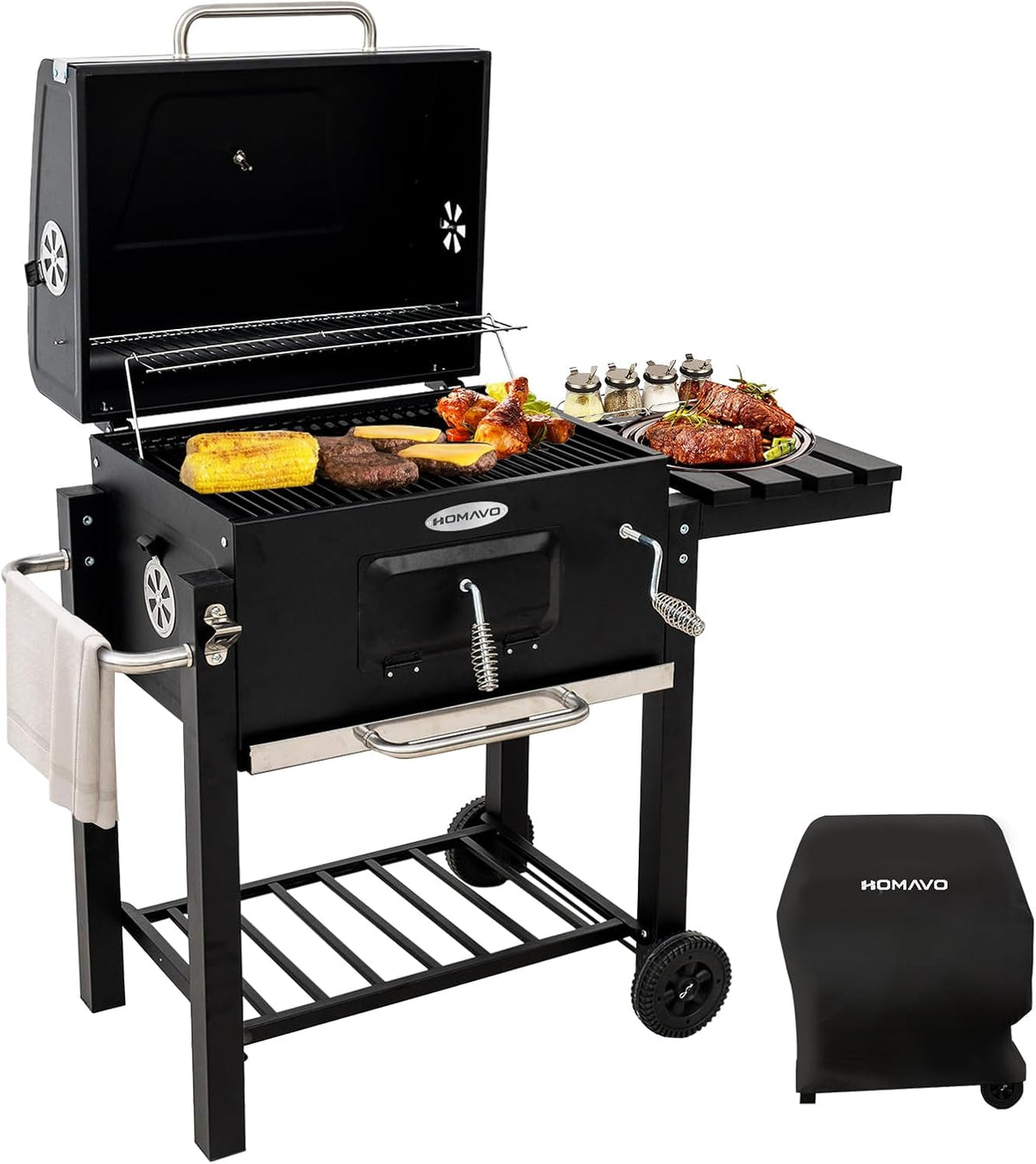 HOMAVO Barbacoa de Carbón con Tapa, Mesa Lateral Plegable y Funda