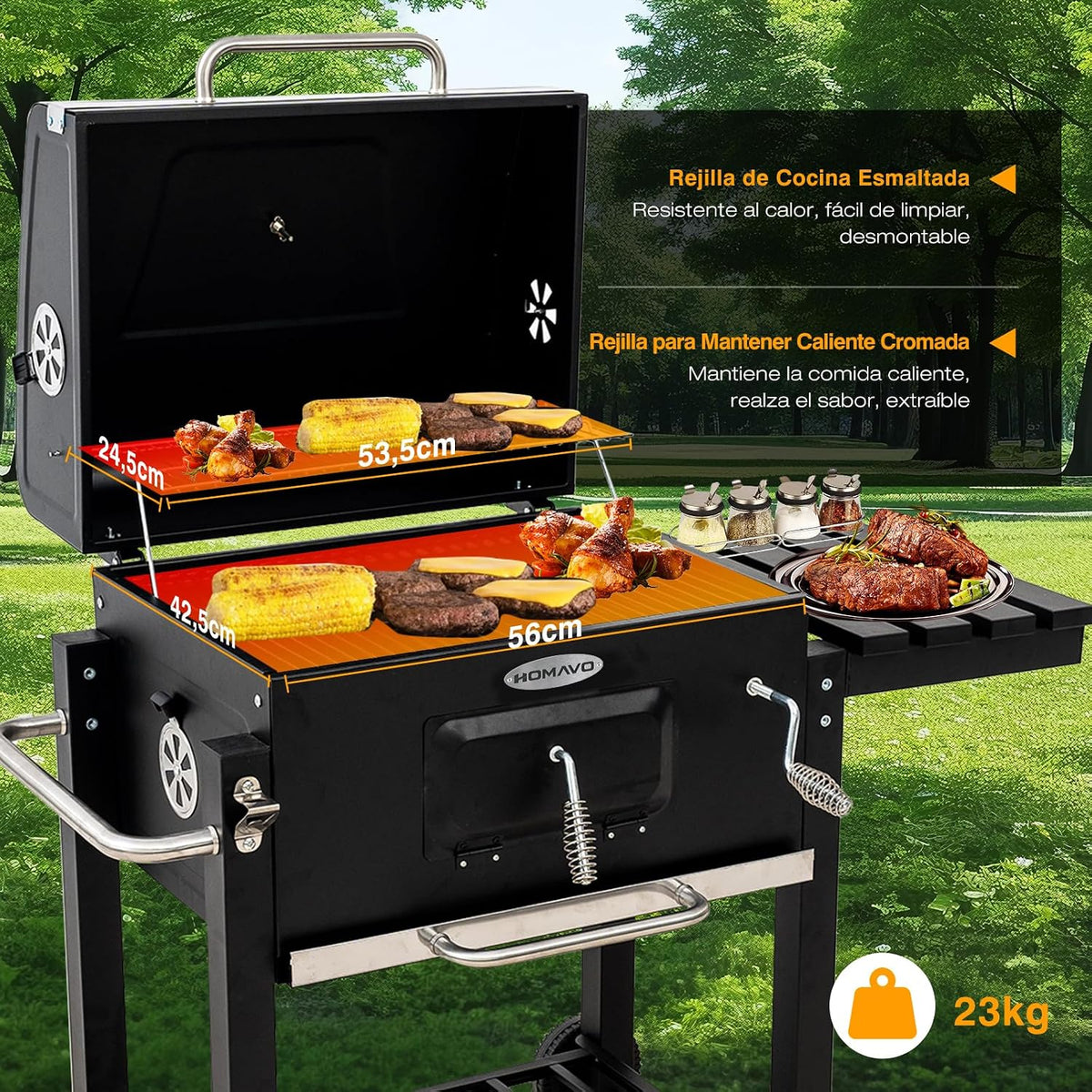 HOMAVO Barbacoa de Carbón con Tapa, Mesa Lateral Plegable y Funda