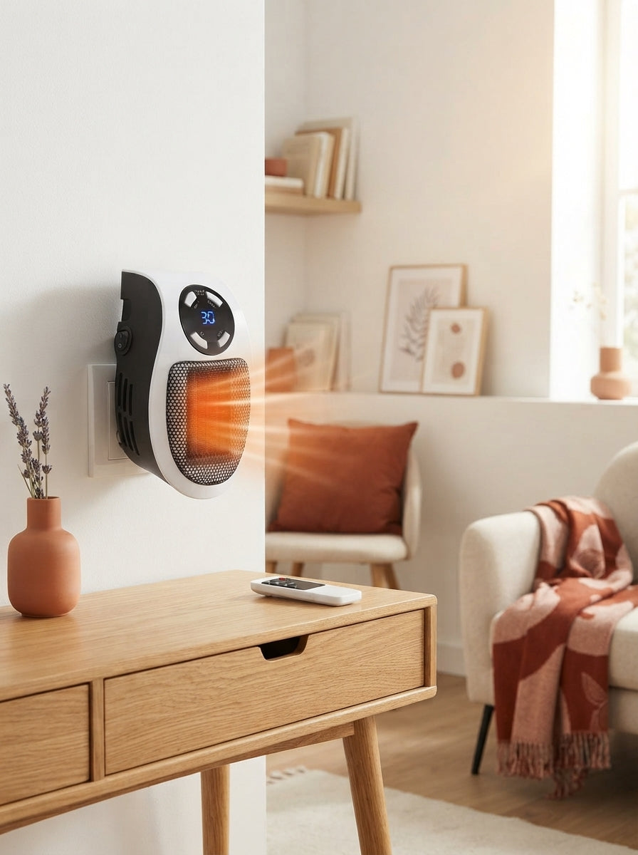 Compact 500W wall-mounted heater plugged into a wall outlet in a modern home office with terracotta and white decor.